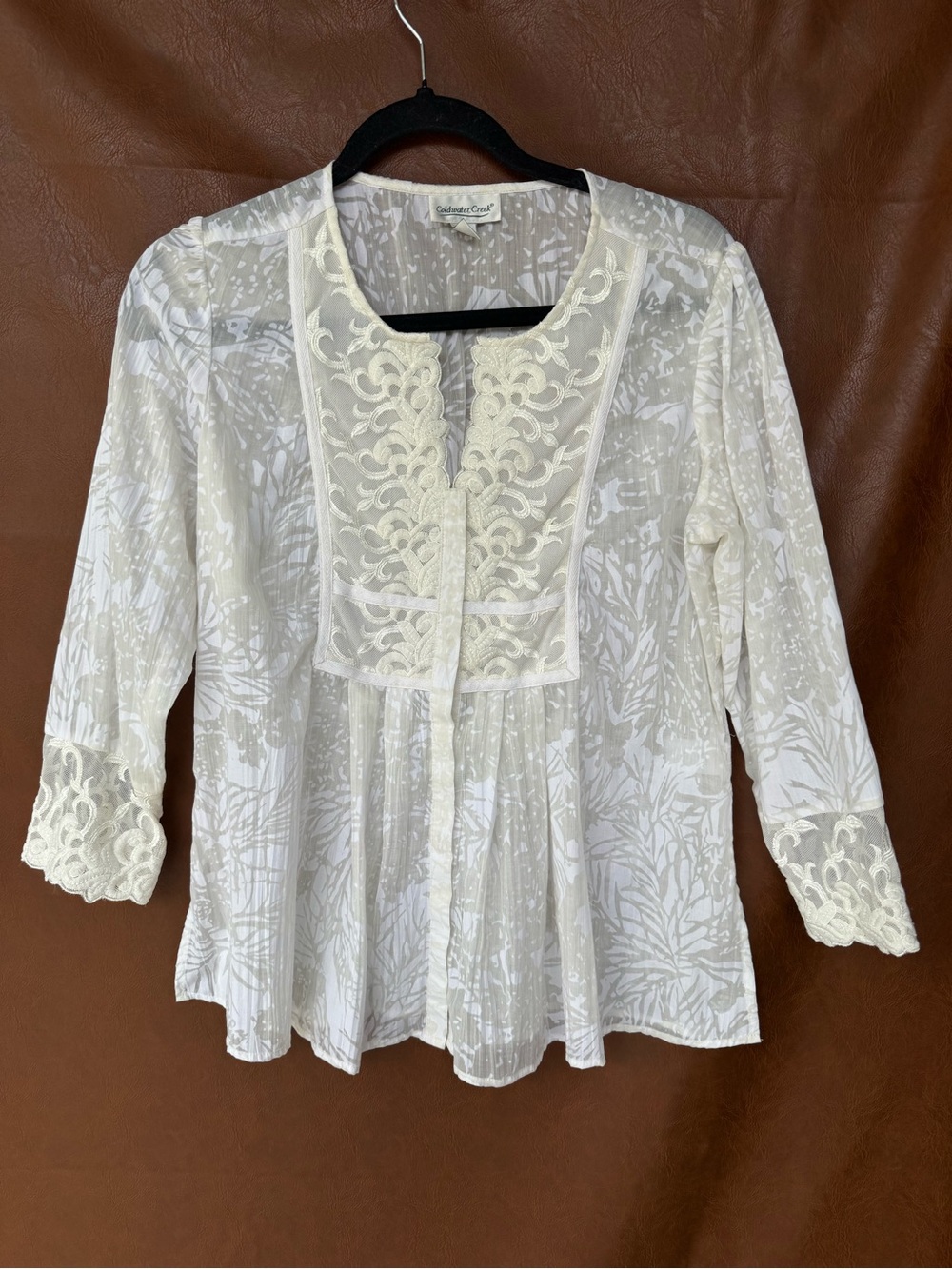 Coldwater Creek Womens PM Petite M Lace Blouse Floral Boho Tunic Ivory Beige